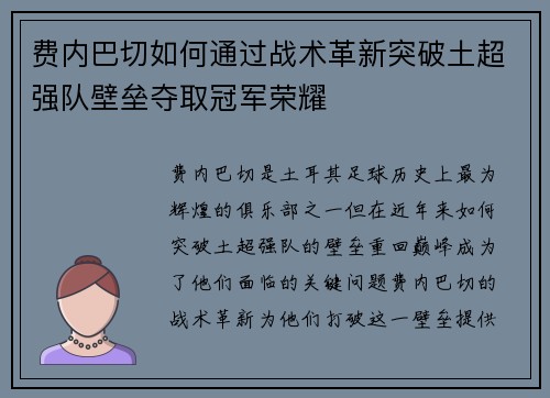 费内巴切如何通过战术革新突破土超强队壁垒夺取冠军荣耀