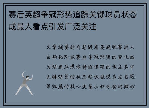 赛后英超争冠形势追踪关键球员状态成最大看点引发广泛关注